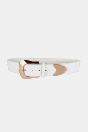 White leather belt with sculpted rose gold buckle and accent