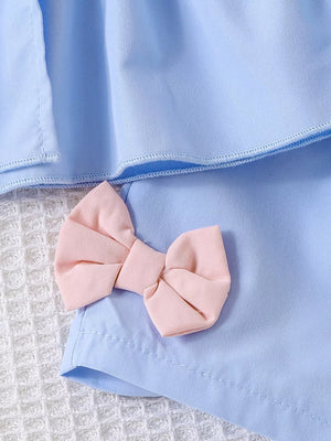 Children's Bow Puff Sleeve Top And Shorts Set in Blue, fabric detail