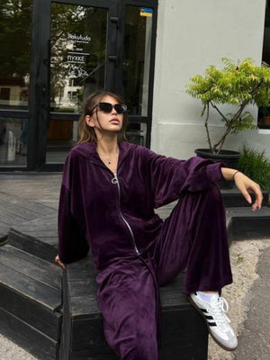 Plush velour lounge set in Violet, featuring a zip-up hoodie and wide-leg pants.