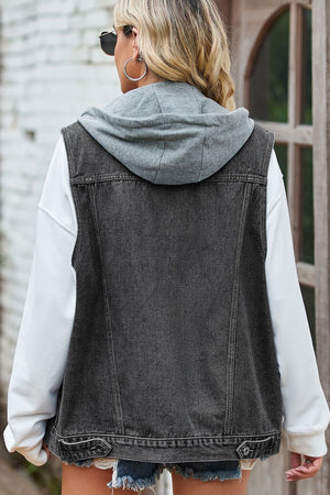 Dark denim hybrid vest with grey hooded sweatshirt, casual buttoned style.