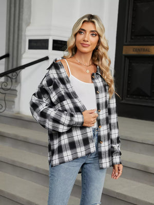 button-up shirt in Dark Brown with plaid and buttoned