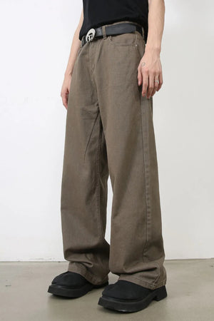 Taupe wide-leg denim trousers with a relaxed fit and casual styling.