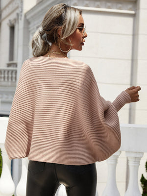 Rose boat neck ribbed dolman knit sweater with wide sleeves.