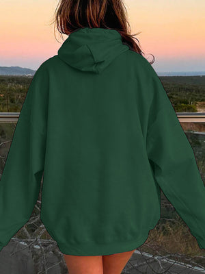Oversized dark green hoodie with a pouch pocket and hood, shown from the back.