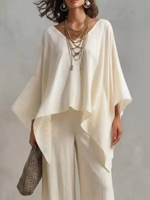 Full Size V-neck Top And Pants Set Plus Size in White, side view