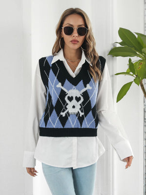 Argyle knit vest in black with a skull and crossbones intarsia pattern and V-neck.
