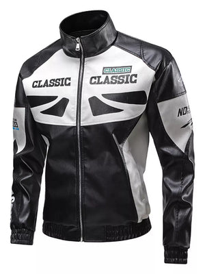 Black and white color block moto jacket with "CLASSIC" graphic details and a stand-up collar.