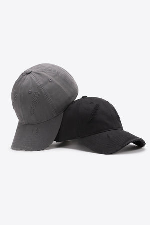 Mid gray and black distressed baseball caps with adjustable fit