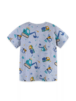 Toddler grey cotton crew neck t-shirt with all-over excavator and construction truck print.