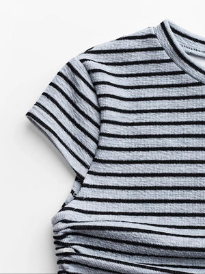Striped crop top with crew neck and ruched side detail
