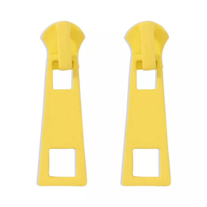 Yellow zipper drop earrings with square cutouts, alloy material.