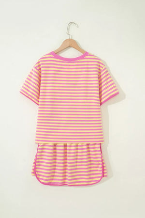 Pink and yellow striped cotton two-piece set with drawstring shorts and a crewneck tee.