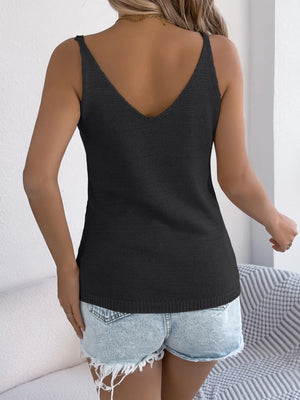 Black cable knit tank top with V-neck and button front detail