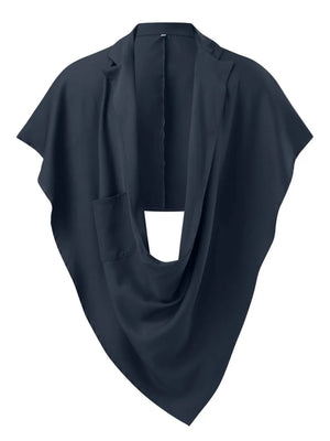Navy draped blazer cape with asymmetrical cut and single pocket detail