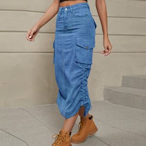 Denim midi cargo skirt with adjustable ruching detail and button-flap pockets