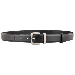 Black cowhide leather belt with minimalist silver buckle and stitched detailing.