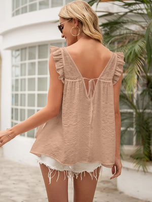 Tan ruffled yoke sleeveless blouse with back tie detail