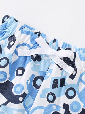 Toddler shorts with blue car print and white drawstring detail