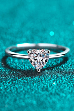 Silver ring with heart-cut moissanite solitaire stone