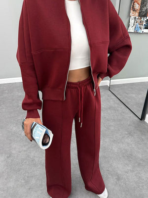 Burgundy bomber jacket and wide-leg tracksuit with drawstring waist