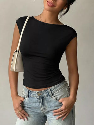 Black cap-sleeve maternity t-shirt with boatneck and lace trim detail