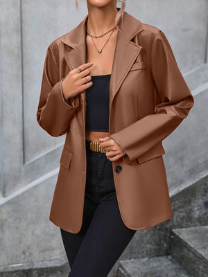 Brown faux leather tailored blazer with buttoned front and notched lapels.