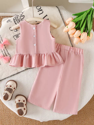Children's Ruffled Hem Tank And Pants Set in Pink, fabric detail