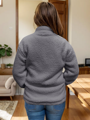 Textured sherpa zip-up jacket in dark gray with stand collar.