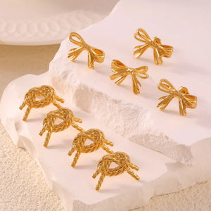 Golden bow stud earrings in Style A and Style B, chic knot and bow designs.