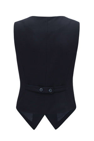 Black tailored V-neck button-down vest with adjustable back buttons
