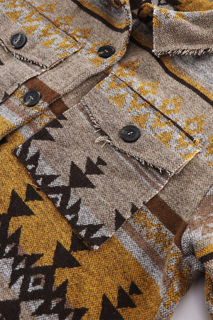 GeoChic collar jacket in camel with geometric pattern and chest pockets.