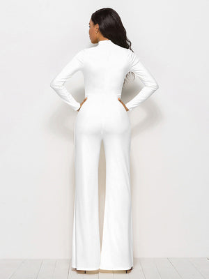 White high-waisted palazzo jumpsuit with long sleeves and a mock neck, shown from the back.