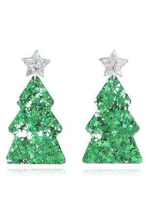 Green Christmas tree drop earrings with star detail and glitter accents