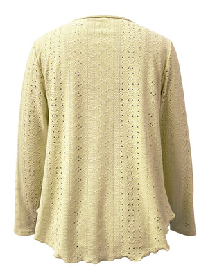 Light Yellow scalloped eyelet yoke blouse with long sleeves and a scalloped hem.