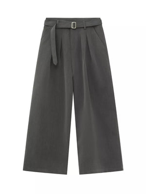 Grey wide-leg pleated sweatpants with a belted waist and a contemporary fit.