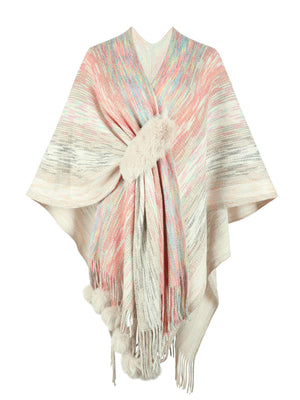 Knit wrap coat with pastel stripes, faux fur clasp, and pom-pom trim.