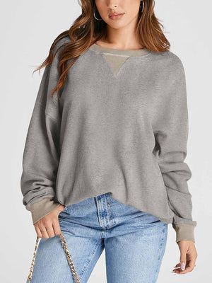 Gray waffle knit raglan sleeve sweatshirt with contrast neckline detail