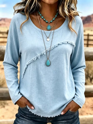 Full Size Fringe Detail Long Sleeve T-shirt Plus Size in Orange, fabric detail