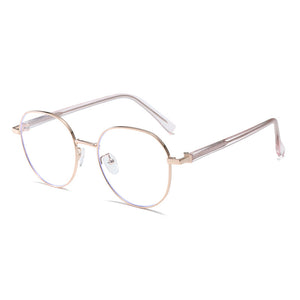 Round metal frame glasses with clear lenses and rose gold temples.