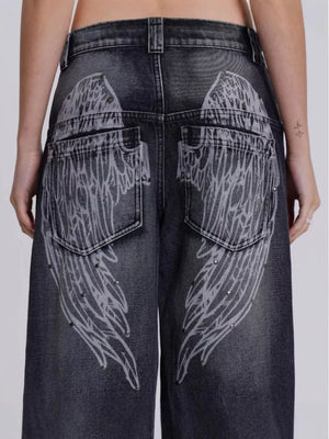 Black wide leg jeans with studded angel wing back pocket detail