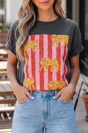Cotton t-shirt with retro cheetah graphic on red and pink stripes, cuffed short sleeves.