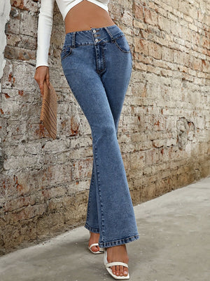 Medium wash cotton bootcut jeans with a sculpted high waist and button fly.