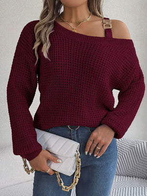 Wine one-shoulder knit sweater with buckle detail, 100% acrylic, casual asymmetrical neckline