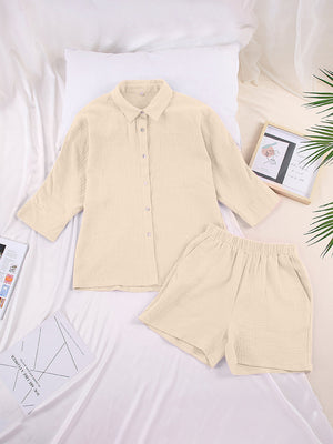 Gauze cotton resort shirt and shorts set in Tan, featuring a button-down shirt and elastic waist shorts.