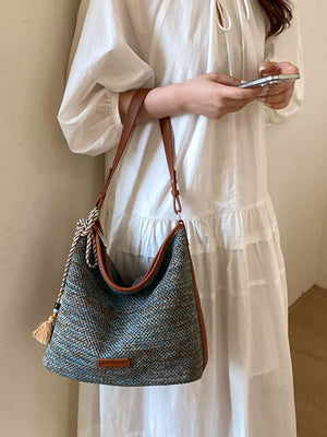 Tassel Woven Crossbody Bag in French Blue, close-up detail