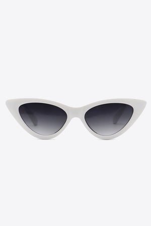 White cat-eye sunglasses with gradient lenses and chainlink detail