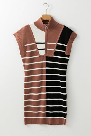 Colorblock ribbed zip-neck mini dress with horizontal stripes and cap sleeves.