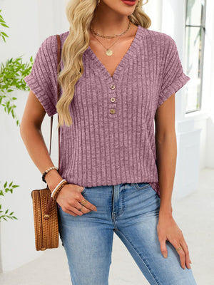 Ribbed knit v-neck t-shirt with buttons in a muted purple color, short sleeves, casual style.