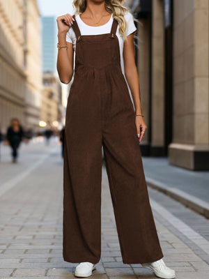 Brown corduroy wide-leg suspender jumpsuit with button details.