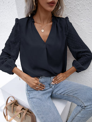 Dark Blue Swiss Dot Sleeve Gathered Blouse with V-neck and ruched neckline.